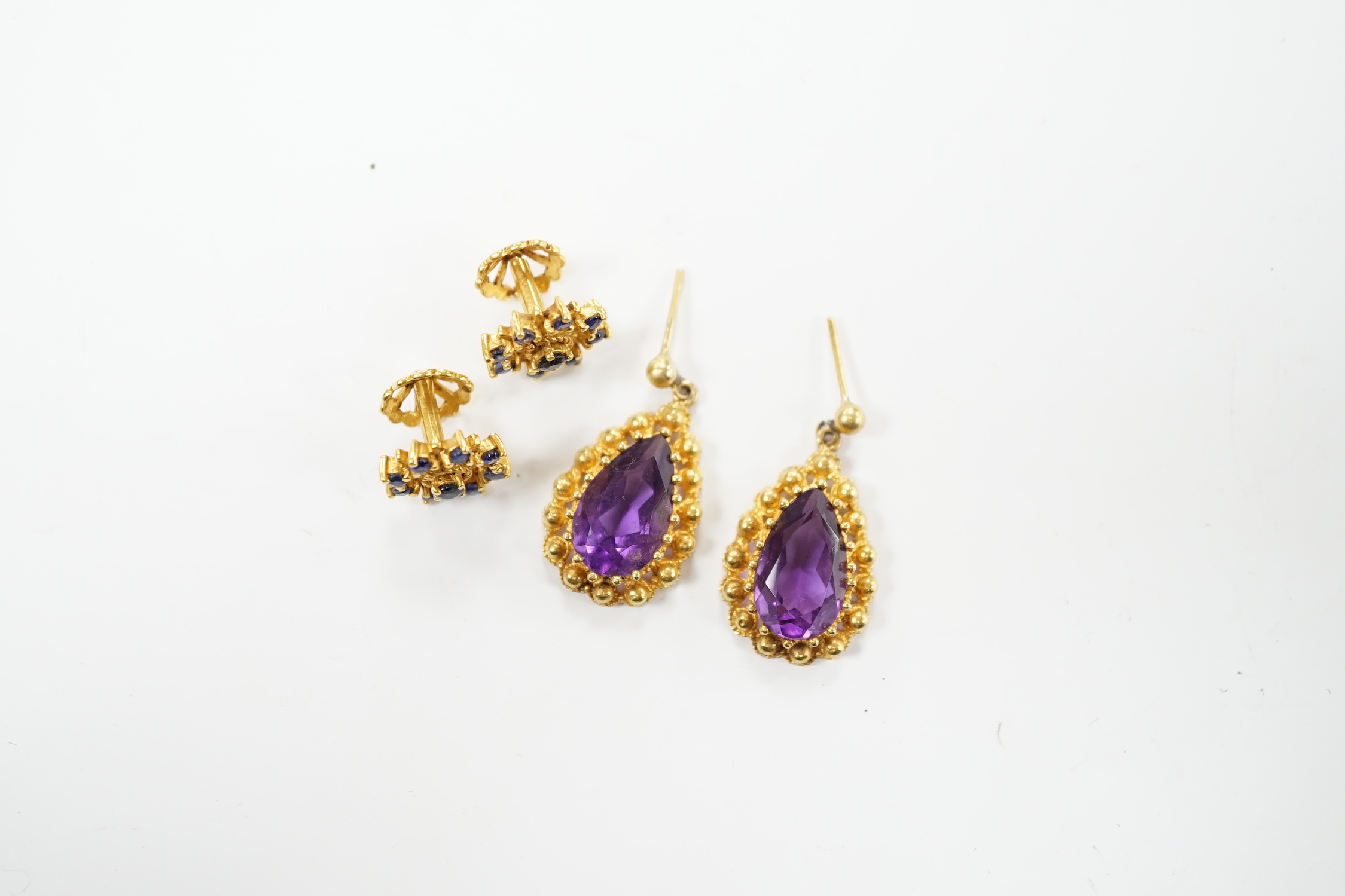Two pairs of yellow metal and gem set earrings including amethyst pear cut, 21mm